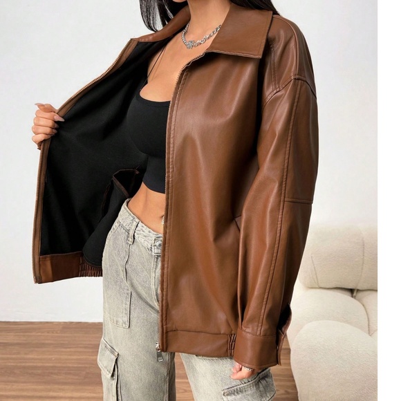 Luxe Vegan Leather Zipper Pockets Oversized Bomber Jacket - Picture 7 of 9